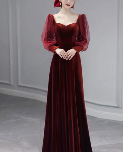 omberprom Wine Red Velvet Long Sleeves Floor Length Bridesmaid Dress Long Prom Dress Elegant Evening Party Dress