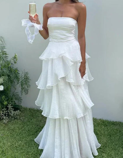 Elegant Strapless Pleated A-Line Chiffon Long Party Dress Off Shoulder Formal Dress Wholesale
