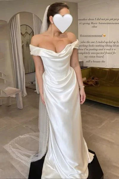 omberprom Elegant Off Shoulder Satin Simple Light Wedding Dress Floor Length Charming Party Dress No With Wedding Veil