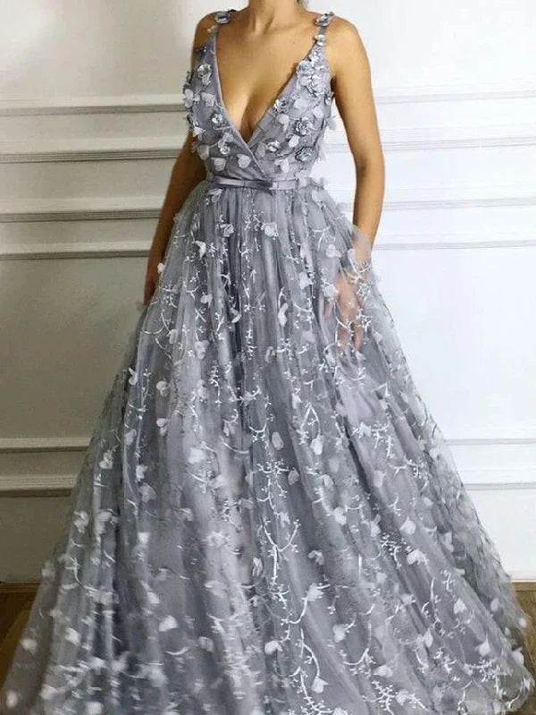omberprom Elegant Spaghetti Straps Flower V-Neck Appliqued A-line Evening Dresses Prom Dress Beautiful Wholesale