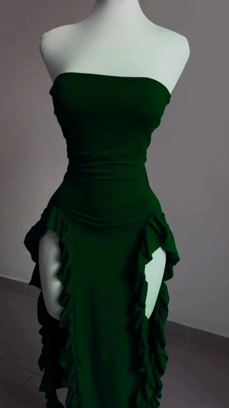 Burgundy Strapless Sheath Midi Length Ruffle Sexy Evening Dress Off Shoulder Party Dress Wholesale