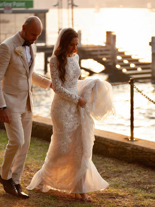 Delicate Lace Bateau Long Sleeves Chapel Train Sheath Wedding Dresses Elegant