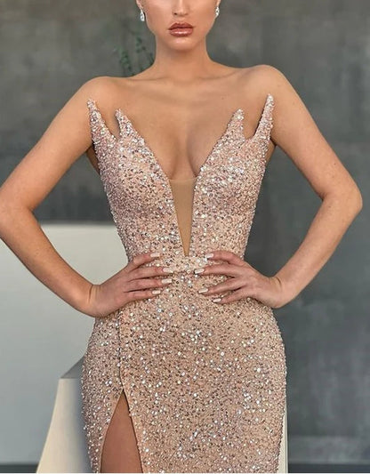 V Neck Sleeveless Sequins Mermaid Evening Dress With Split Sparkly Evening Dress Sexy