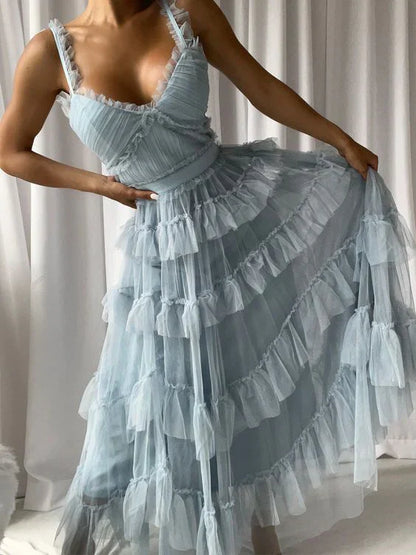 omberprom Blue A-Line Tulle Tiered Cute Prom Dress Party Gown Charming Evening Dress Wholesale