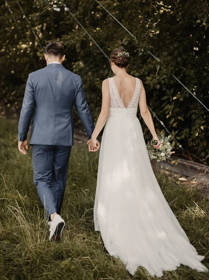 Simple Chiffon V-Neck A-line Sweep Train Wedding Dresses Backless Bridal Gowns Elegant