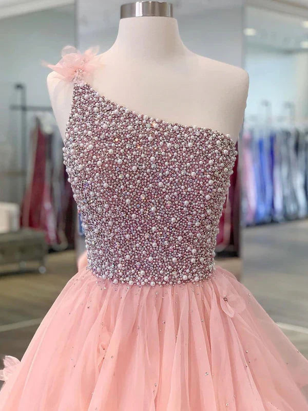 omberprom One-shoulder Tulle Beaded Flower A-line Prom Dresses Floor Length Beautiful Wholesale