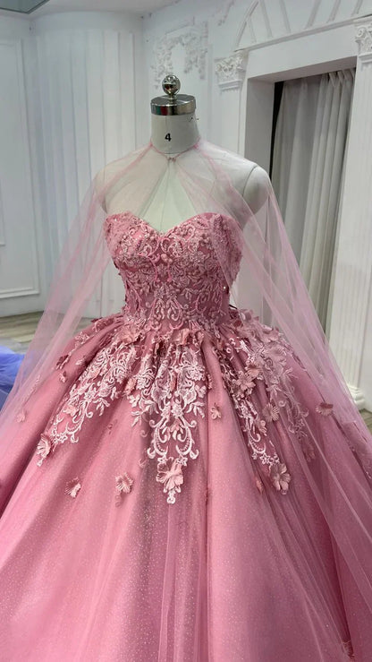 omberprom Sweetheart Tulle Appliques Ball Gowns Quinceanera Dress with Cape Prom Dress Beautiful Wholesale