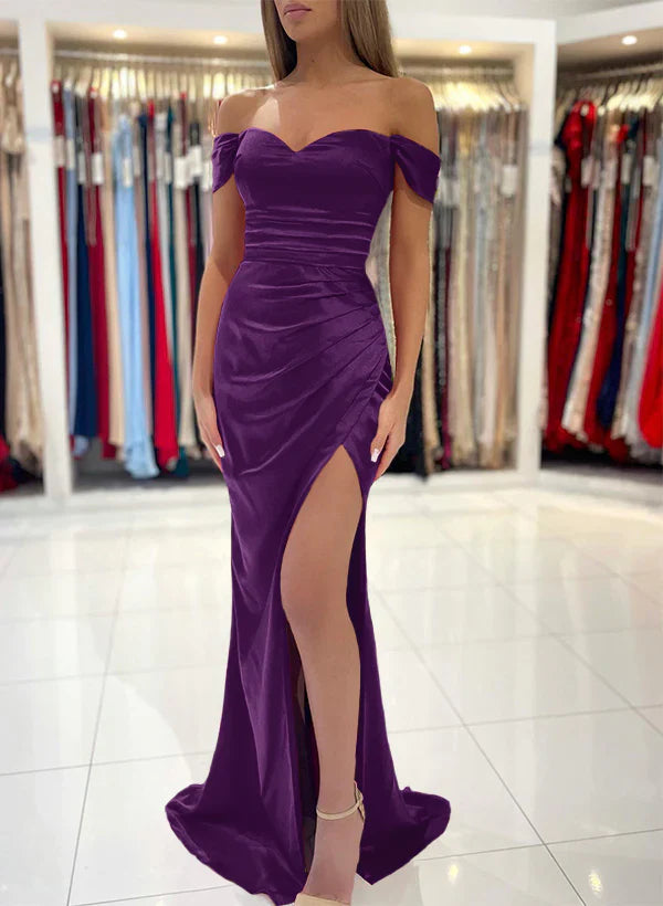 Off The Shoulder Simple Dresses With Split Front Elegant Evening Dress Party Dress Wholesale