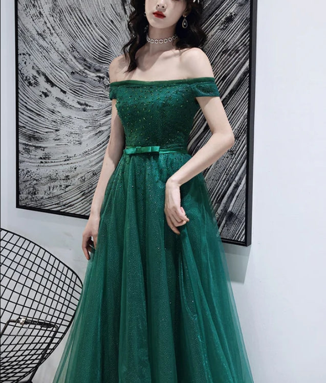 omberprom Green Tulle Beaded Off Shoulder Long Party Dresses A-line Long Evening Dress Prom Dress Wholesale
