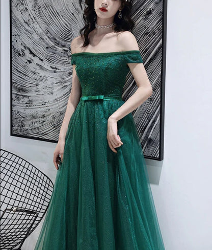 omberprom Green Tulle Beaded Off Shoulder Long Party Dresses A-line Long Evening Dress Prom Dress Wholesale