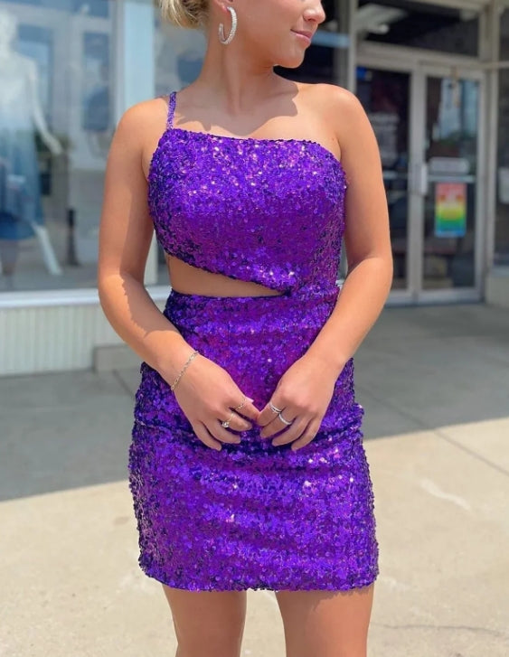 omberprom Purple Cut Out Sequins Short Homecoming Dress Sparkly Party Dress Graduation Dress
