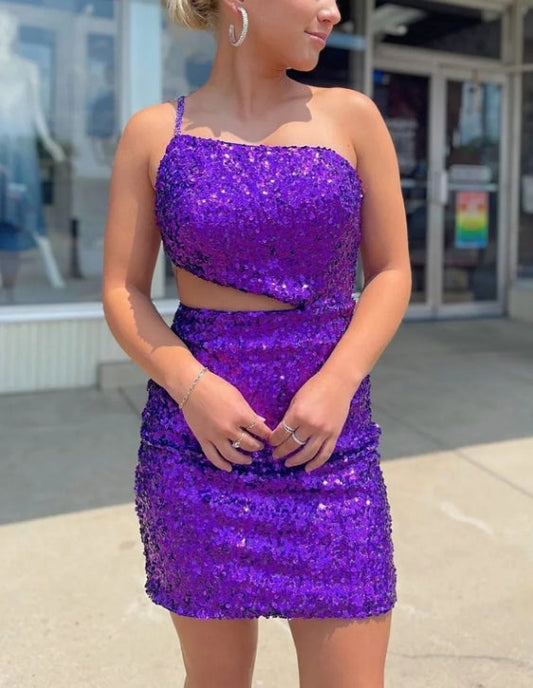 omberprom Purple Cut Out Sequins Short Homecoming Dress Sparkly Party Dress Graduation Dress
