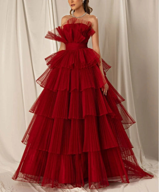 Burgundy Strapless Mermaid Sleeveless Layers Evening Dress Off Shoulder Prom Dress Wholesale
