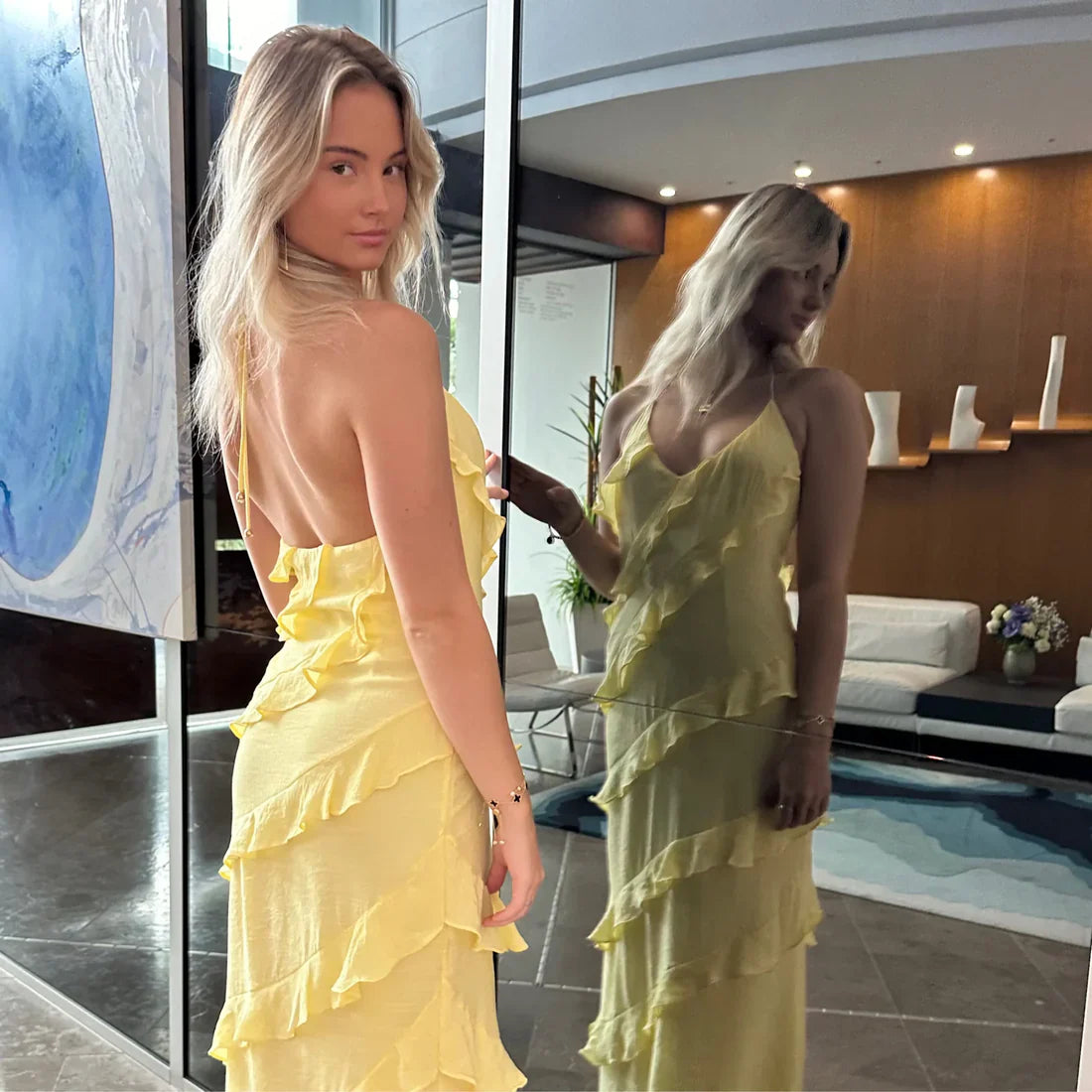 Yellow Halter Sheath Ruffles Long Party Dress Wedding Guest Dress Formal Dress Wholesale