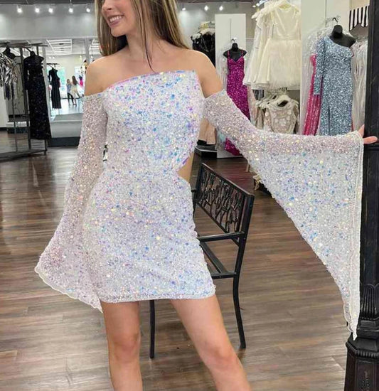 omberprom Sequins Cut Waist Shiny Homecoming Dress Off Shoulder Party Dress Graduation Dress