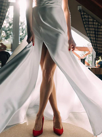 Delicate Satin Off-the-shoulder A-line Floor-Length Bridal Gowns Simple Elegant Wedding Dress Wholesale