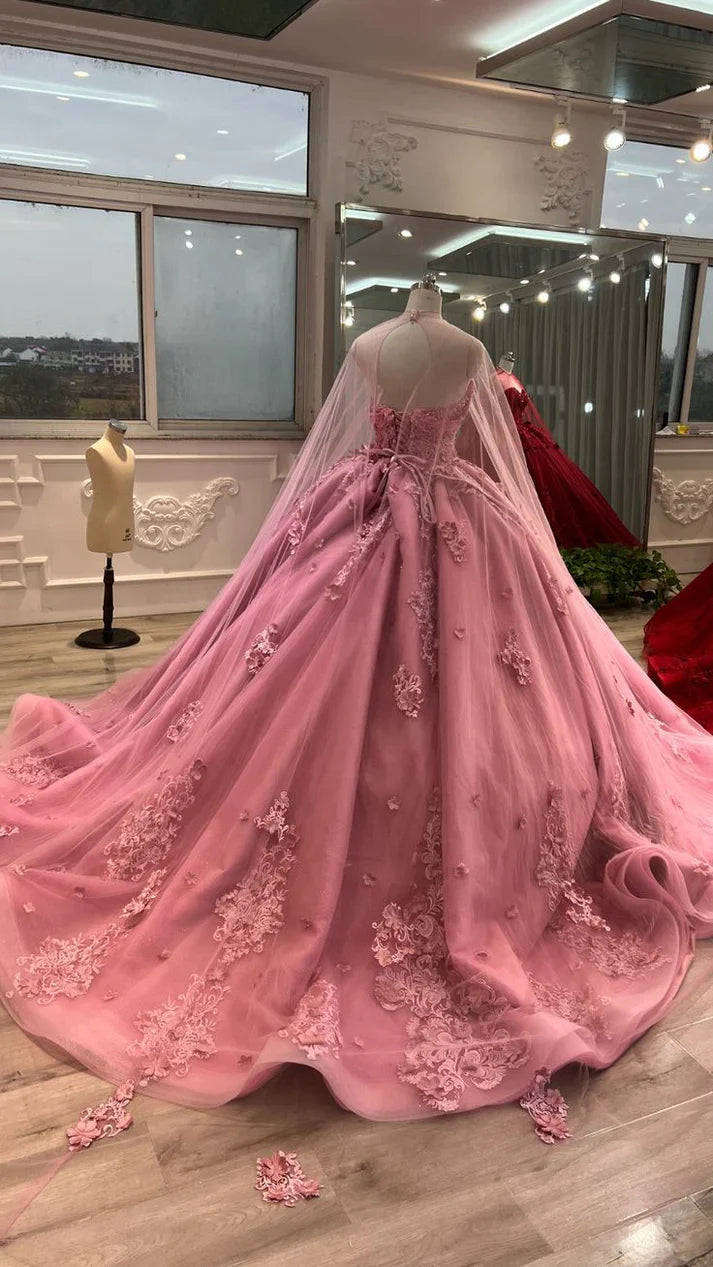 omberprom Sweetheart Tulle Appliques Ball Gowns Quinceanera Dress with Cape Prom Dress Beautiful Wholesale