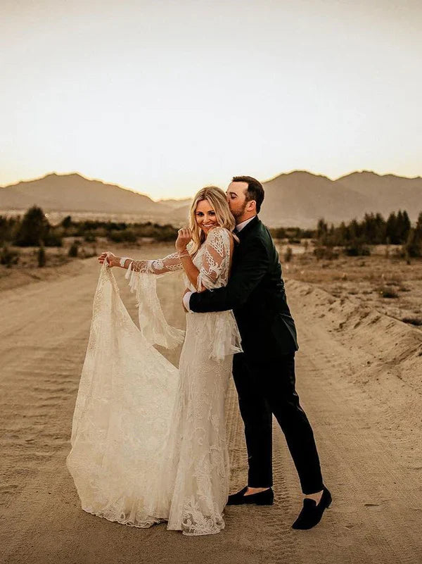 omberprom Chic Tassels Long Sleeves Illusion Backless Lace Wedding Dresses Floor Length Beautiful