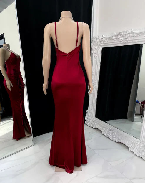 Wine Red Straps Ruffles V Neck Long Prom Dress with Slit Evening Party Dress Wholesale