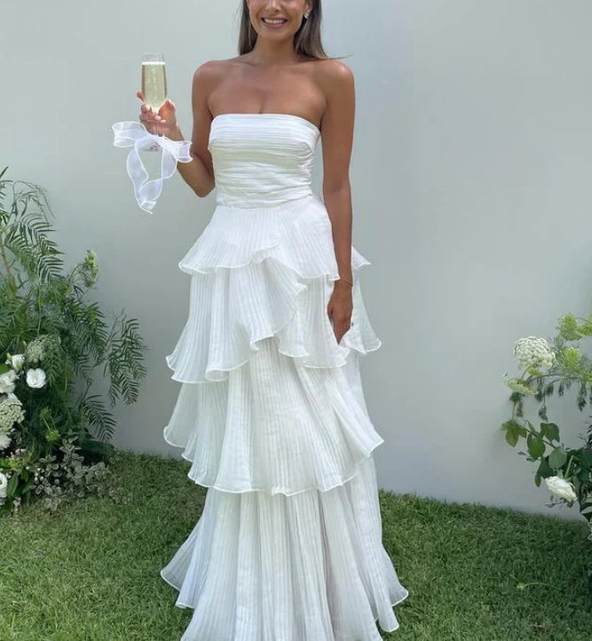 Elegant Strapless Pleated A-Line Chiffon Long Party Dress Off Shoulder Formal Dress Wholesale