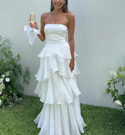 Elegant Strapless Pleated A-Line Chiffon Long Party Dress Off Shoulder Formal Dress Wholesale