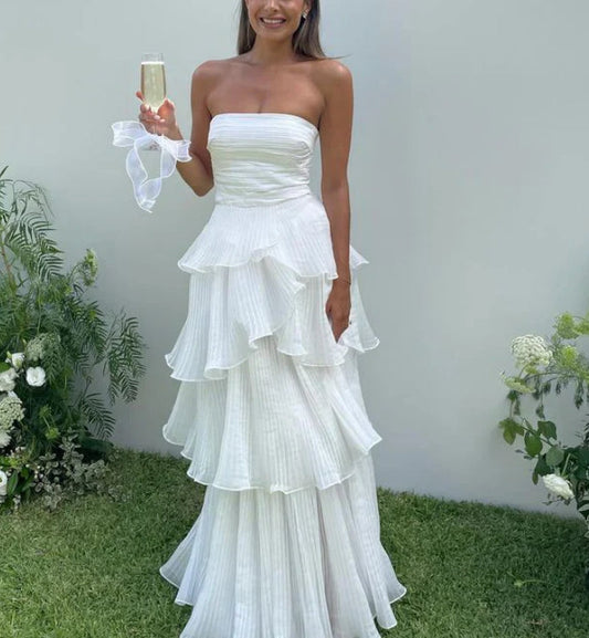Elegant Strapless Pleated A-Line Chiffon Long Party Dress Off Shoulder Formal Dress Wholesale