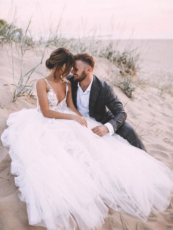Unique Appliqued A-line Tulle Wedding Dresses With Chapel Train Floor Length Beautiful