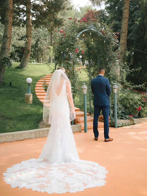 Charming V-Neck Lace Appliuqed Wedding Dresses Backless Bridal Gowns Beautiful