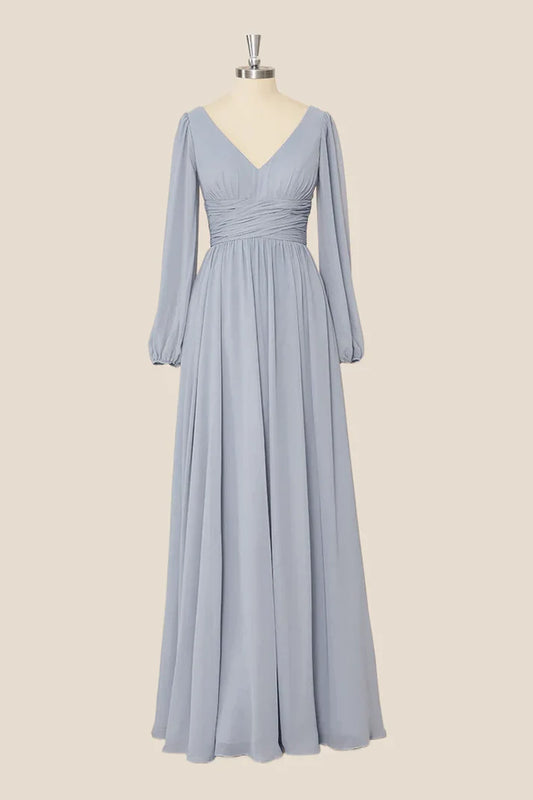 Grey Long Sleeves Chiffon A-Line Long Party Dress Bridesmaid Dress Elegant Evening Dress Wholesale