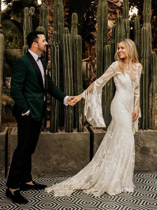 omberprom Chic Tassels Long Sleeves Illusion Backless Lace Wedding Dresses Floor Length Beautiful