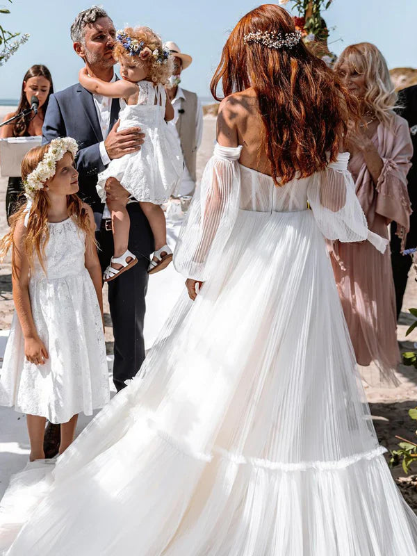 Unique Pleats Lace Long Sleeves Chapel Train A-line Wedding Dresses Off Shoulder Elegant