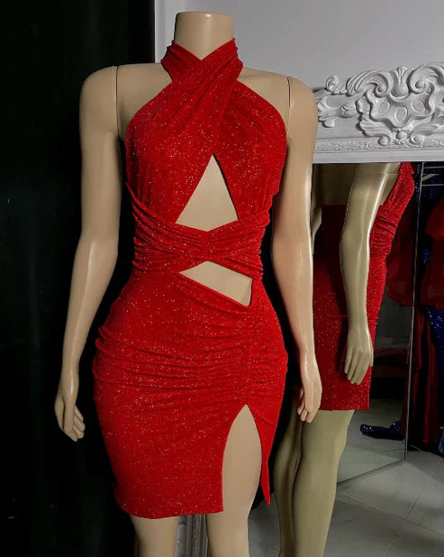 omberprom Shiny Halter Cut Out Bodycon Short Party Dress Sexy Homecoming Dress Graduation Dress