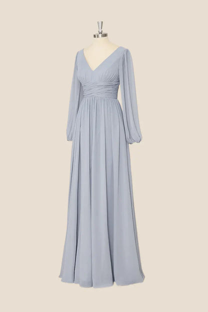 Grey Long Sleeves Chiffon A-Line Long Party Dress Bridesmaid Dress Elegant Evening Dress Wholesale