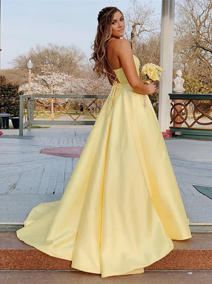 Modest Spaghetti Straps Satin Prom Dresses A-line Rhinestones Formal Dress Sexy Evening Dress