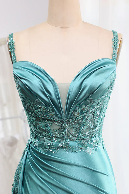 omberprom Mermaid Prom Dress V-Neck Satin Long Appliques Sequin Blue With Slit