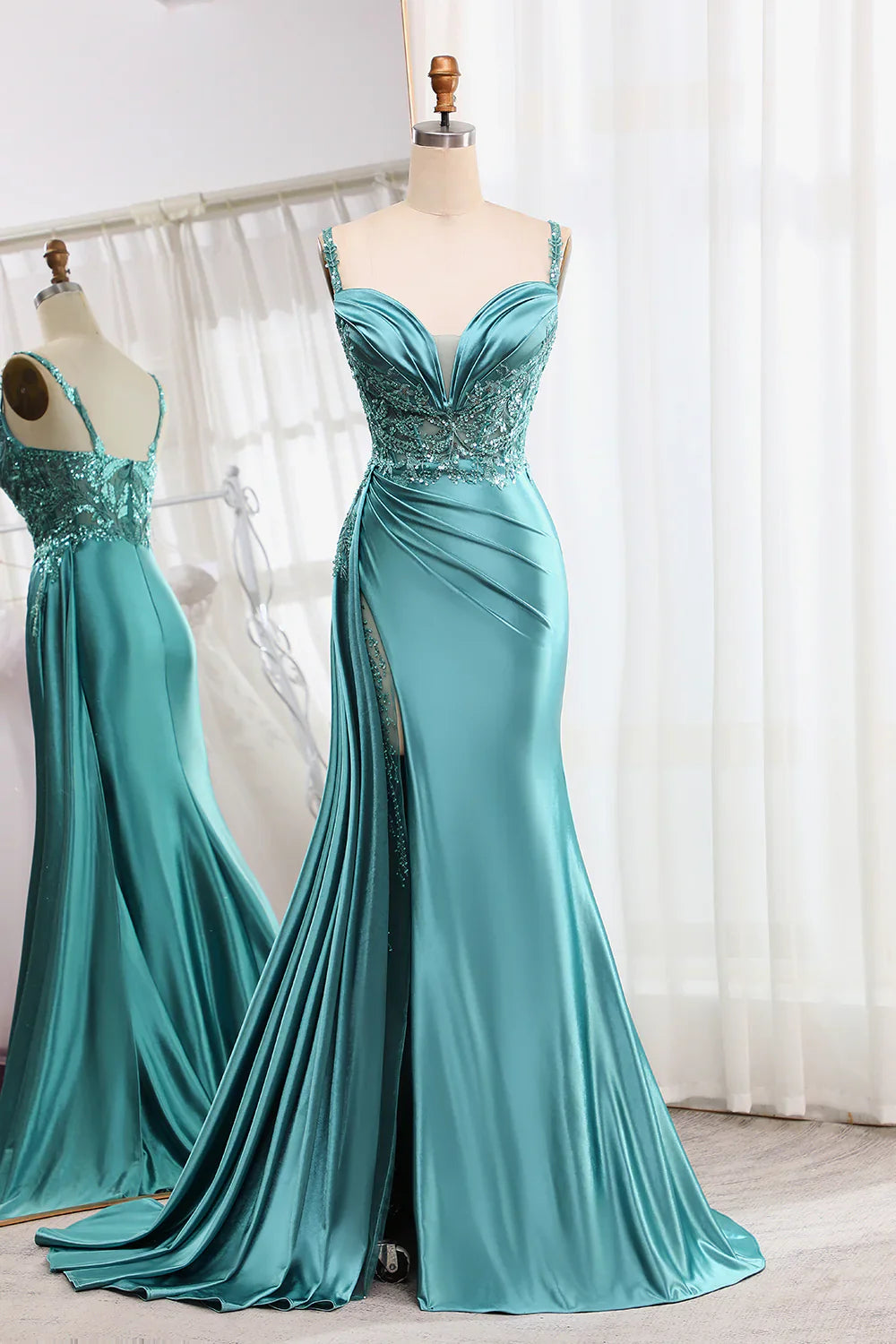 omberprom Mermaid Prom Dress V-Neck Satin Long Appliques Sequin Blue With Slit