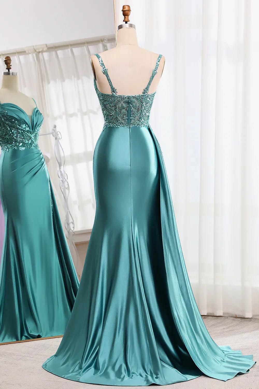 omberprom Mermaid Prom Dress V-Neck Satin Long Appliques Sequin Blue With Slit