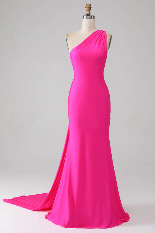 omberprom Hot Pink Mermaid Long Prom Dress One Shoulder With Pleated