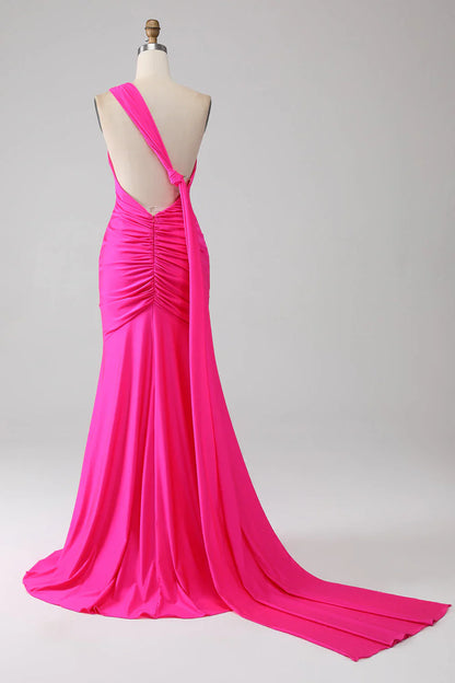 omberprom Hot Pink Mermaid Long Prom Dress One Shoulder With Pleated