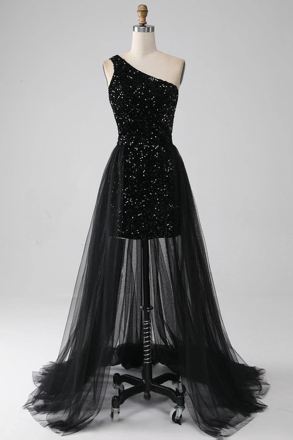 omberprom Sparkly Black A-Line One Shoulder Sequins Long Prom Dress