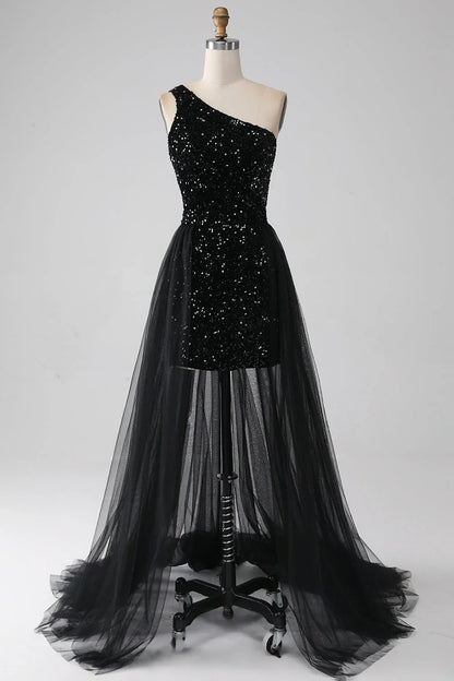 omberprom Sparkly Black A-Line One Shoulder Sequins Long Prom Dress