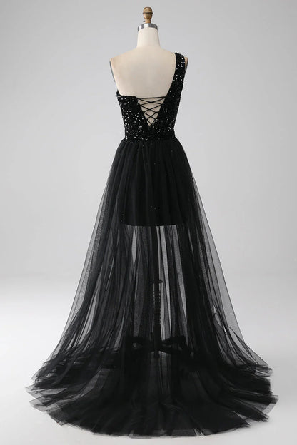 omberprom Sparkly Black A-Line One Shoulder Sequins Long Prom Dress