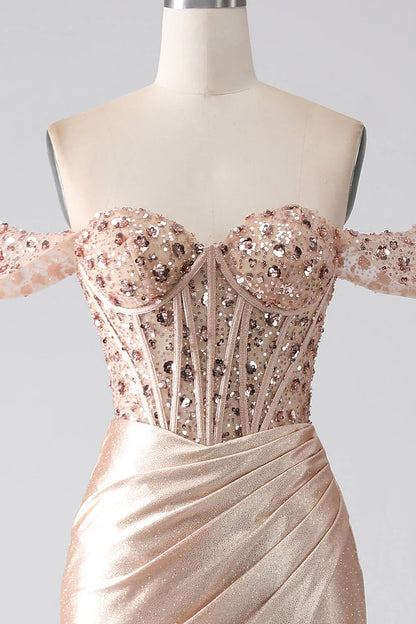 omberprom Champagne Mermaid Evening Dress Off The Shoulder Sequins Corset Prom Dress With Slit
