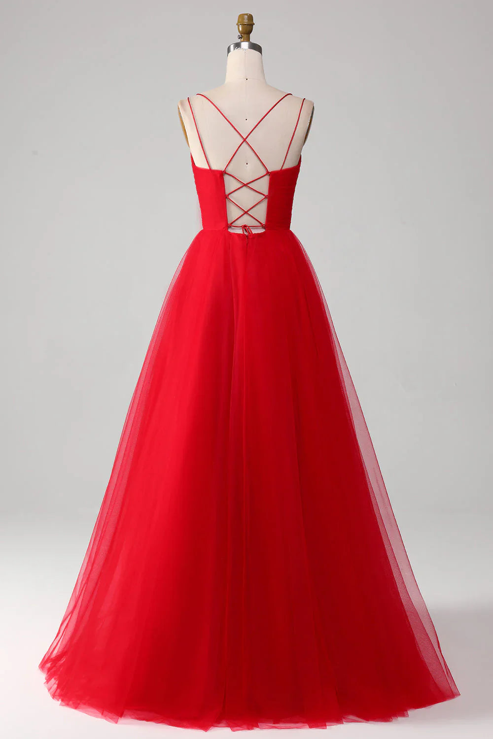 omberprom Red Evening Dress Ball-Gown/Princess V-Neck Tulle Pleated Long Prom Dress