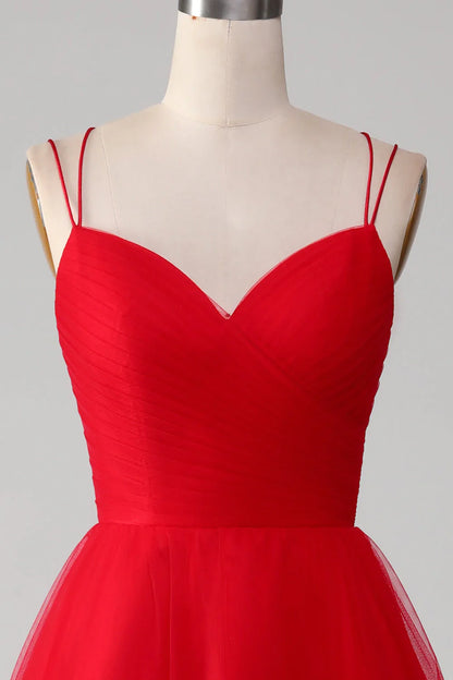 omberprom Red Evening Dress Ball-Gown/Princess V-Neck Tulle Pleated Long Prom Dress