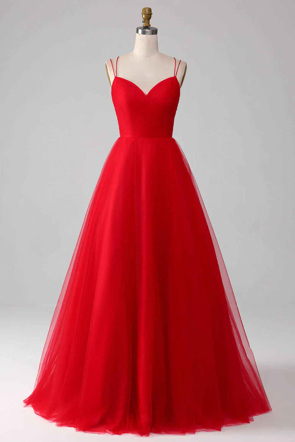 omberprom Red Evening Dress Ball-Gown/Princess V-Neck Tulle Pleated Long Prom Dress
