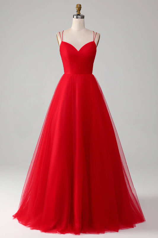 omberprom Red Evening Dress Ball-Gown/Princess V-Neck Tulle Pleated Long Prom Dress