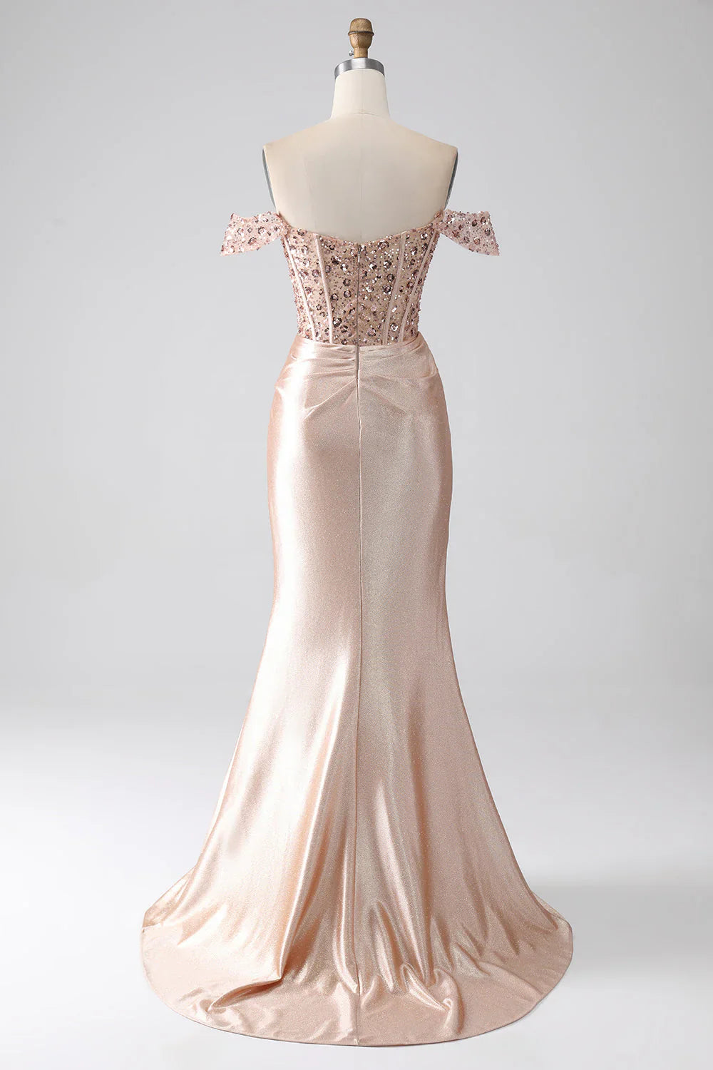 omberprom Champagne Mermaid Evening Dress Off The Shoulder Sequins Corset Prom Dress With Slit