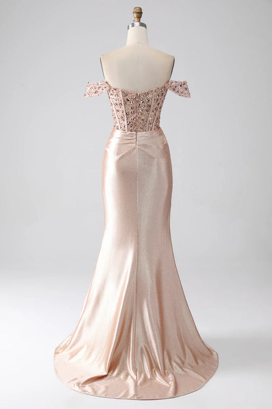 omberprom Champagne Mermaid Evening Dress Off The Shoulder Sequins Corset Prom Dress With Slit