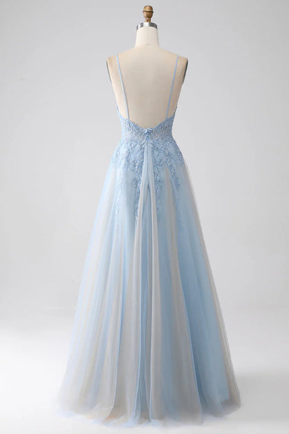 omberprom A-Line Evening Dress Spaghetti Straps Long Prom Dress with Beading Grey Blue